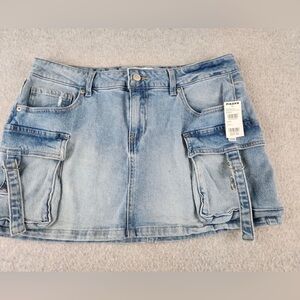 RSQ DENIM JEAN Micro MINI SKIRT Pocket Buckles Faded Wash Stretch